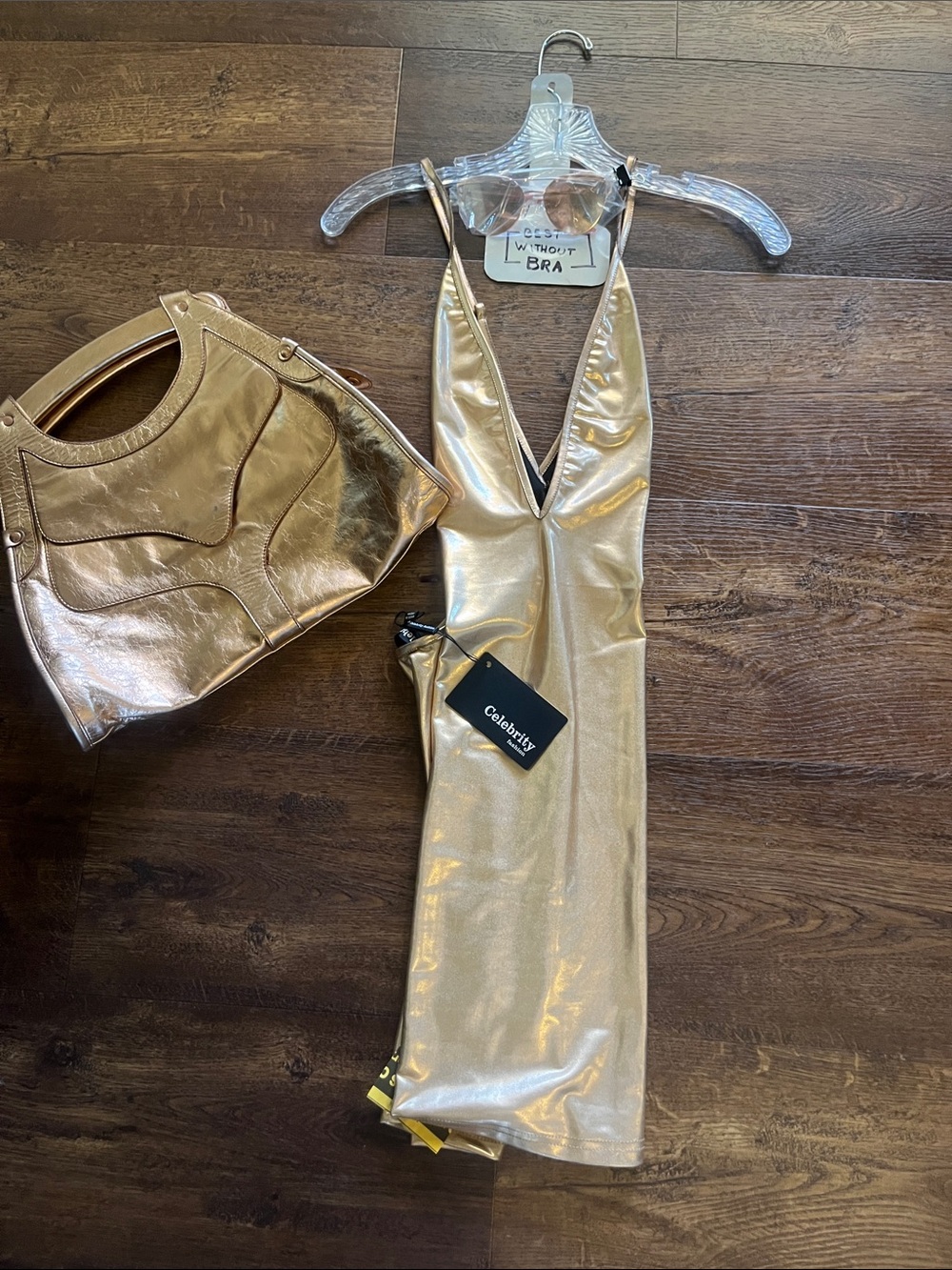 MEW Gold Metallic Plunge Halter Mini Dress comes with purse and glasses to match